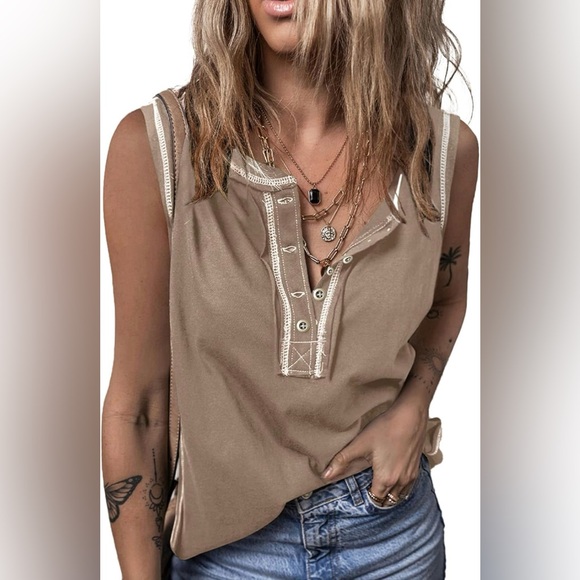 Tops - 🤎 Boho Western Henley Tank Top – Khaki Beige | Button Front, Contrast Stitch🌵